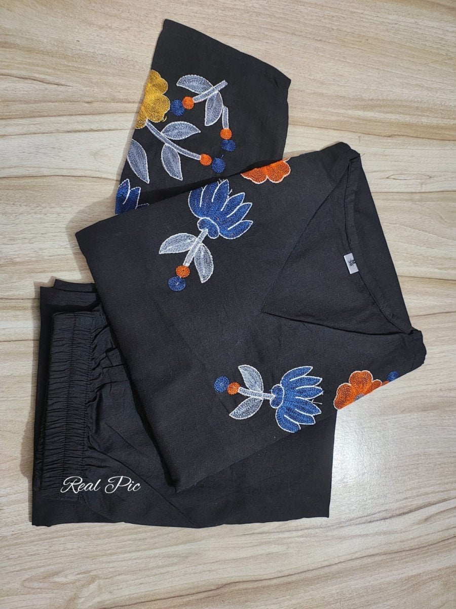 Classy Black Embroidery Cotton Kurti Pant Set Of 2 - BONYHUBSALWAR KAMEEZ