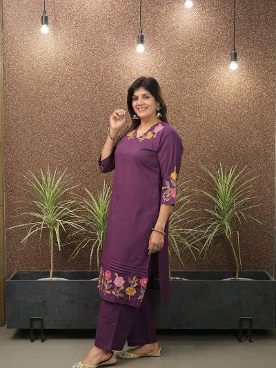 Classy Purple Embroidery Cotton Kurti Pant Set Of 2 - BONYHUBSALWAR KAMEEZ