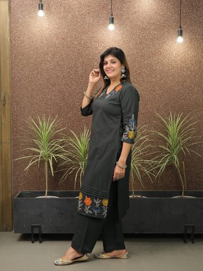 Classy Black Embroidery Cotton Kurti Pant Set Of 2 - BONYHUBSALWAR KAMEEZ
