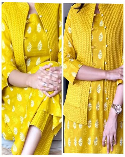 Yellow Cotton Kurti Pant With Quilted Warm Jacket - BONYHUBSALWAR KAMEEZ