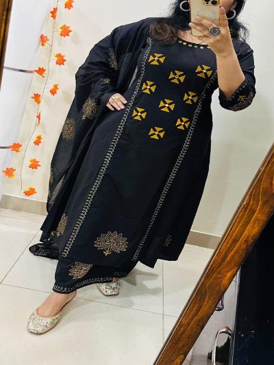 Black Elegant Block Print Cotton Straight Suit Set - BONYHUBSALWAR KAMEEZ