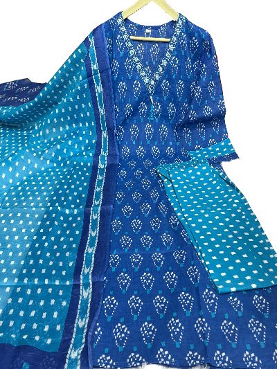Blue Classy Print Cotton Straight Suit Set - BONYHUBSALWAR KAMEEZ