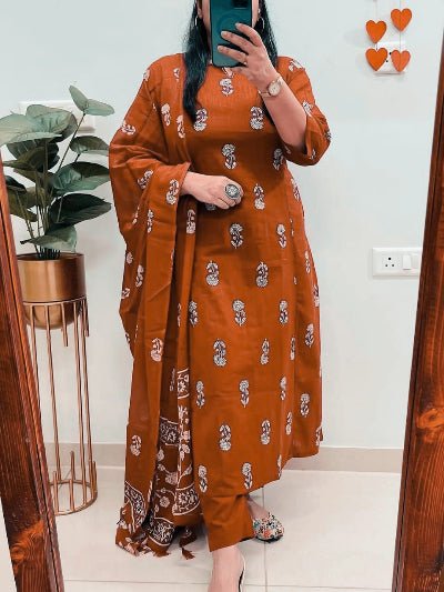 Rust Orange Handwork Cotton Straight Suit Set - BONYHUBSALWAR KAMEEZ