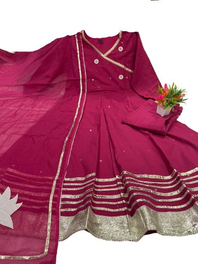 Magenta Pink Mirror Work Cotton Embroidery Anarkali Suit Set - BONYHUBSALWAR KAMEEZ