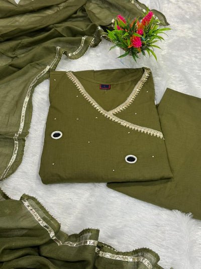 Dark Olive Green Mirror Work Cotton Embroidery Anarkali Suit Set - BONYHUBSALWAR KAMEEZ