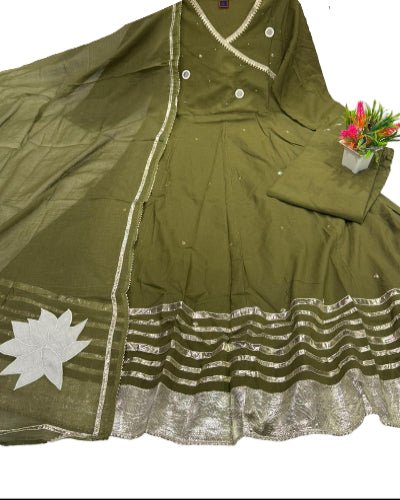 Dark Olive Green Mirror Work Cotton Embroidery Anarkali Suit Set - BONYHUBSALWAR KAMEEZ