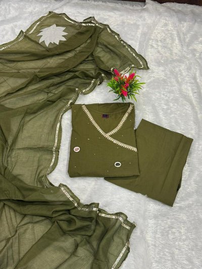 Dark Olive Green Mirror Work Cotton Embroidery Anarkali Suit Set - BONYHUBSALWAR KAMEEZ