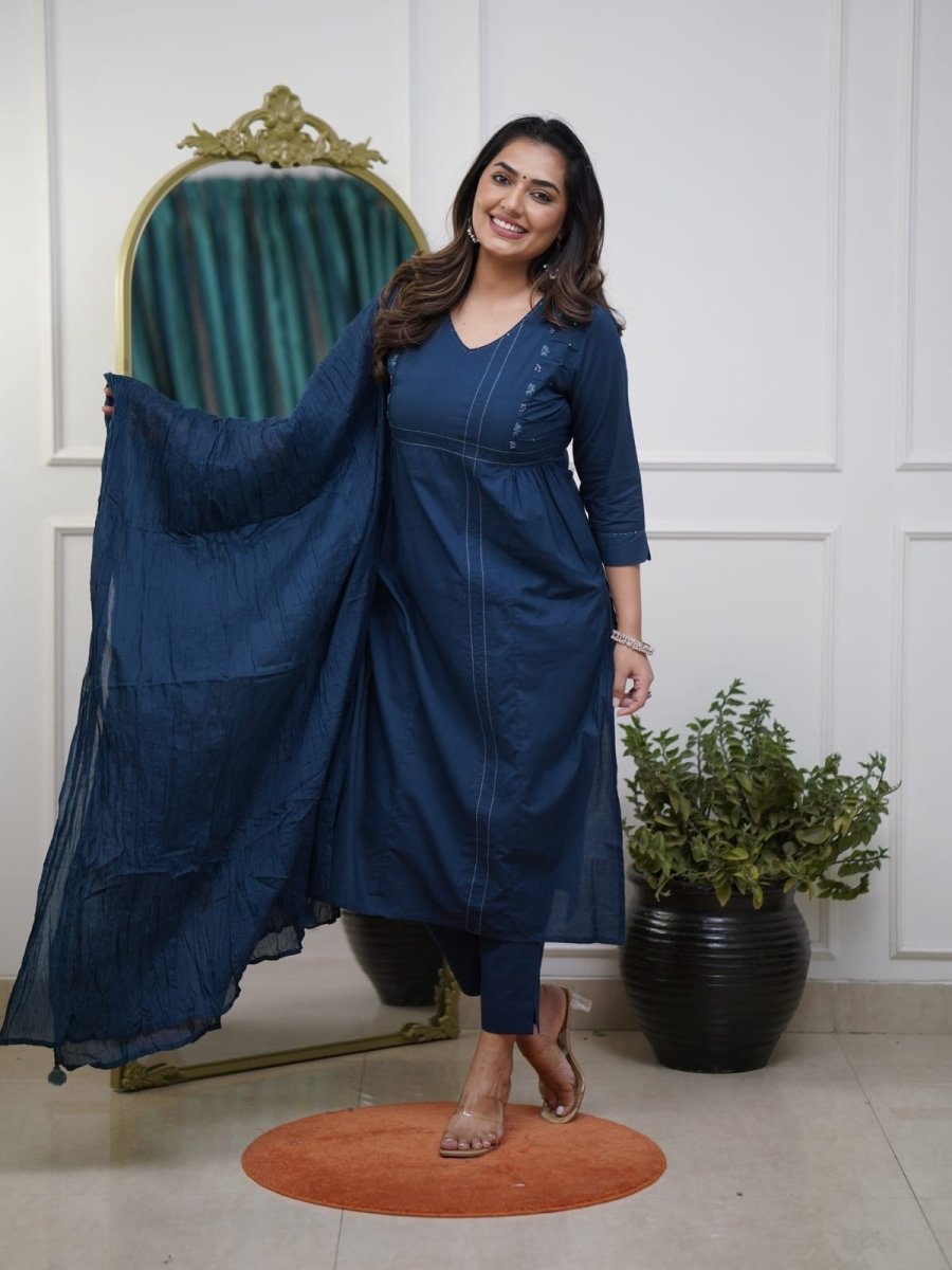 Tealblue Elegant Embroidery Pure Cotton Anarkali Suit Set - BONYHUBSALWAR KAMEEZ