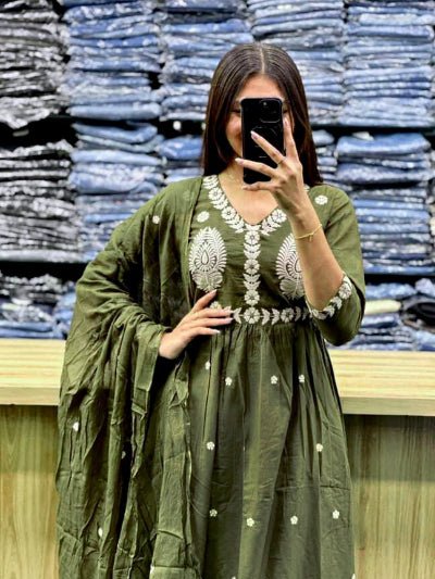Olive Green Intricate Pure Cotton Printed Anarkali Suit Set - BONYHUBSALWAR KAMEEZ