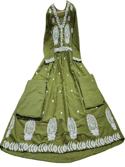 Olive Green Intricate Pure Cotton Printed Anarkali Suit Set - BONYHUBSALWAR KAMEEZ