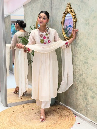 White Designer Gota Lace Embroidery Cotton Straight Suit Set - BONYHUBSALWAR KAMEEZ