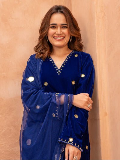 Electric Blue Sequin Embroidery Velvet Straight Suit Set - BONYHUBSALWAR KAMEEZ