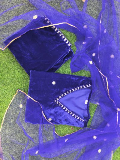 Electric Blue Sequin Embroidery Velvet Straight Suit Set - BONYHUBSALWAR KAMEEZ