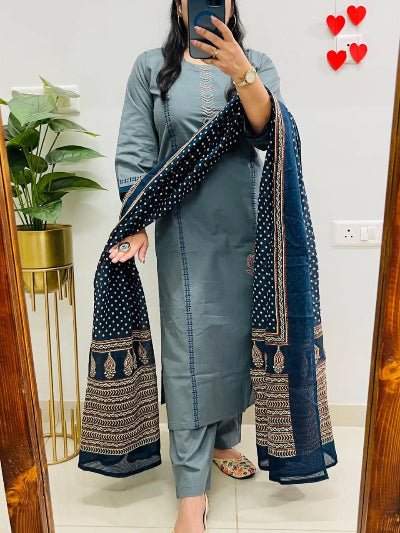 Powder Blue Jaipuri Cotton Straight Suit Set - BONYHUBSALWAR KAMEEZ