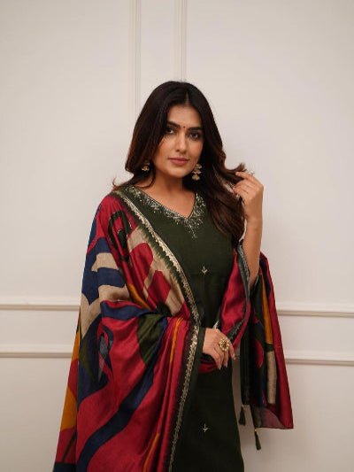 Olive Green Zari Work Embroidery Cotton Straight Suit Set - BONYHUBSALWAR KAMEEZ