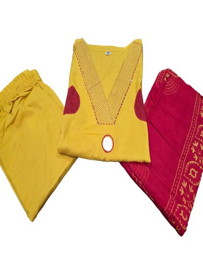Mustard Yellow Polka Handblock Pure Cotton Straight Suit Set - BONYHUBSALWAR KAMEEZ