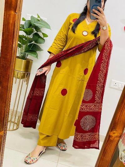 Mustard Yellow Polka Handblock Pure Cotton Straight Suit Set - BONYHUBSALWAR KAMEEZ