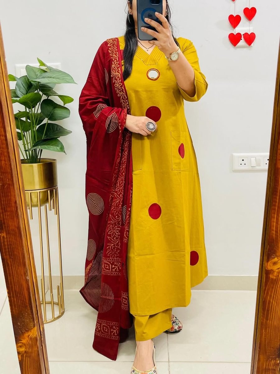 Mustard Yellow Polka Handblock Pure Cotton Straight Suit Set - BONYHUBSALWAR KAMEEZ