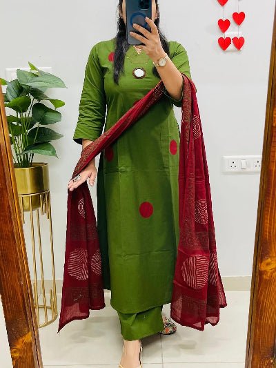 Green Polka Handblock Pure Cotton Straight Suit Set - BONYHUBSALWAR KAMEEZ