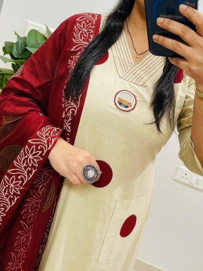 White Polka Handblock Pure Cotton Straight Suit Set - BONYHUBSALWAR KAMEEZ