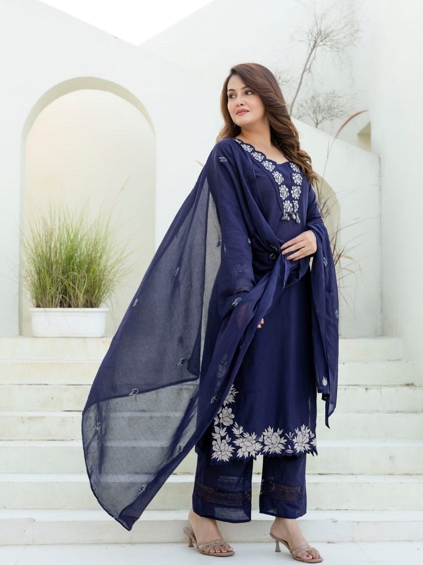 Royal Blue Embroidery Work Cotton Straight Suit - BONYHUBSALWAR KAMEEZ