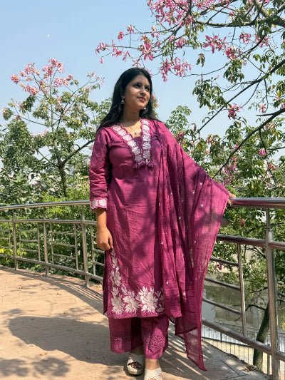 Mauve Pink Lace work Cotton Straight Suit Set - BONYHUBSALWAR KAMEEZ