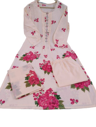 Elegant Cream Pink Floral Cotton Straight Suit Set - BONYHUBSALWAR KAMEEZ