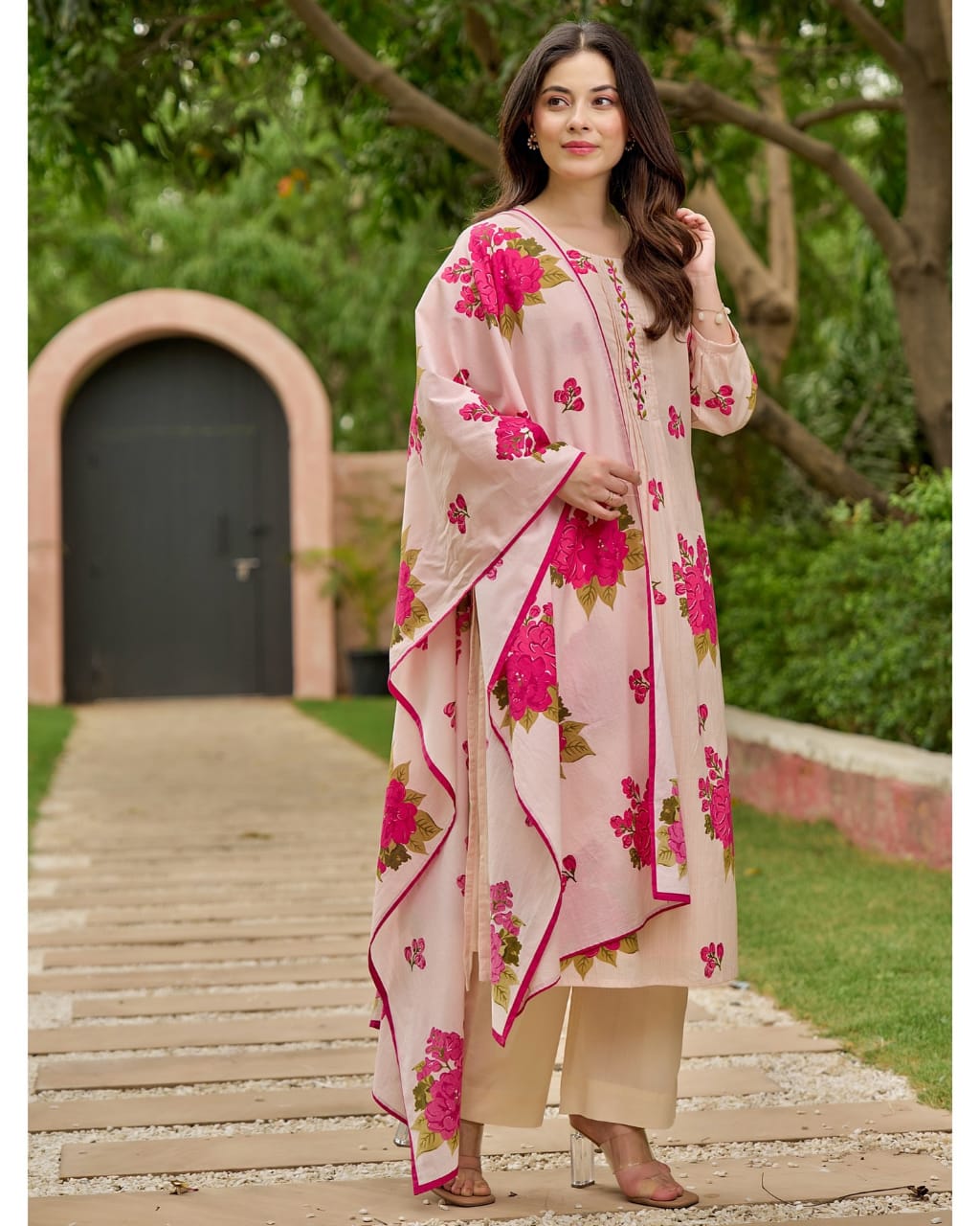 Elegant Cream Pink Floral Cotton Straight Suit Set - BONYHUBSALWAR KAMEEZ
