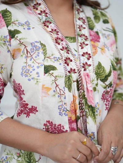 White Beautiful Floral Printed Cotton Anarkali Suit - BONYHUBSALWAR KAMEEZ