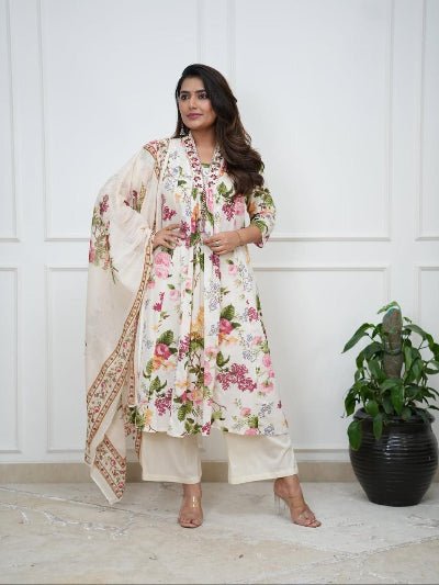 White Beautiful Floral Printed Cotton Anarkali Suit - BONYHUBSALWAR KAMEEZ