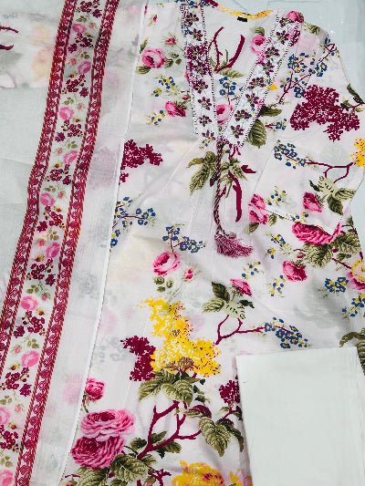 White Beautiful Floral Printed Cotton Anarkali Suit - BONYHUBSALWAR KAMEEZ