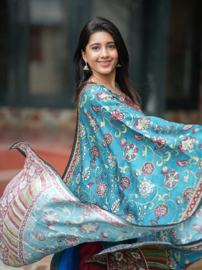 Blue & Red Silk Blend Printed Straight Suit Set - BONYHUBSALWAR KAMEEZ