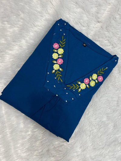 Royal Blue Neck Embroidery Cotton Handwork Straight Suit - BONYHUBSALWAR KAMEEZ