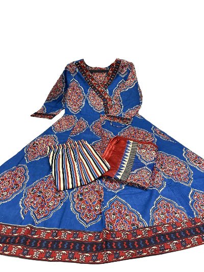 Blue Katha Embroidery Angrakha Style Cotton Anarkali Suit Set - BONYHUBSALWAR KAMEEZ