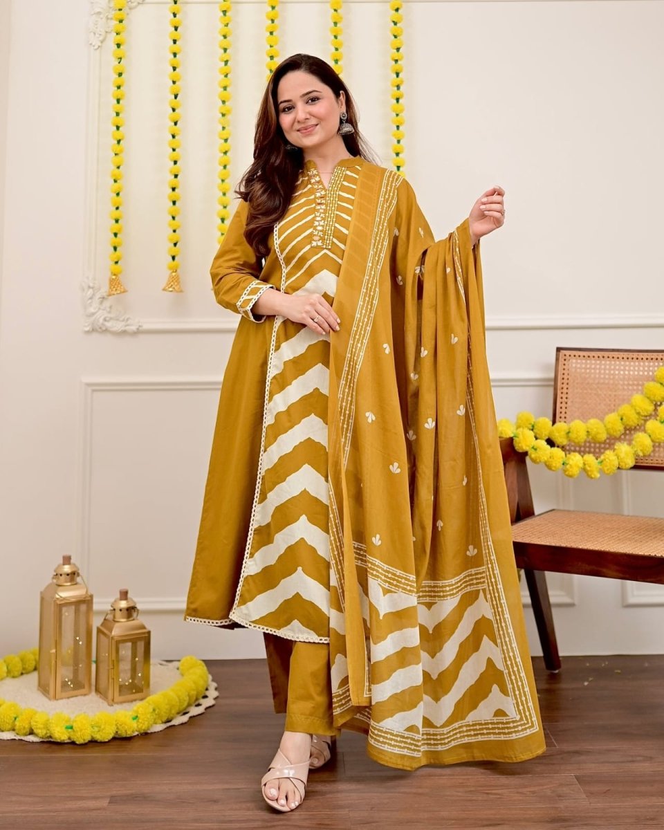 Mustard Yellow Printed Cotton Embroidery Anarkali Suit - BONYHUBSALWAR KAMEEZ
