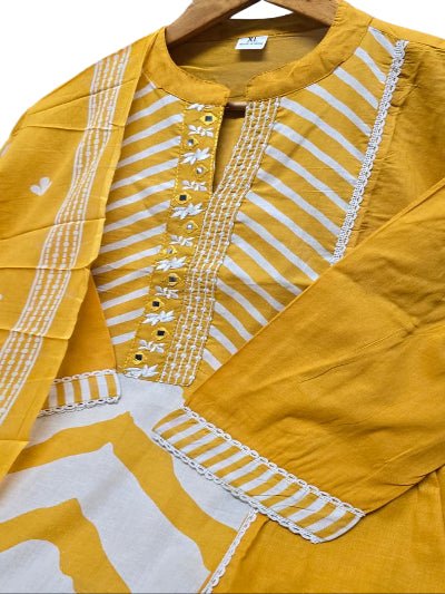 Mustard Yellow Printed Cotton Embroidery Anarkali Suit - BONYHUBSALWAR KAMEEZ