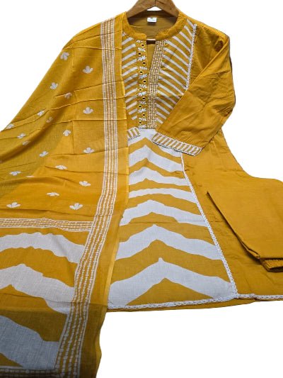 Mustard Yellow Printed Cotton Embroidery Anarkali Suit - BONYHUBSALWAR KAMEEZ