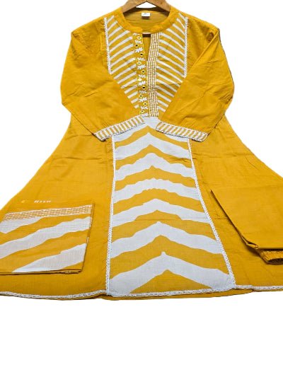 Mustard Yellow Printed Cotton Embroidery Anarkali Suit - BONYHUBSALWAR KAMEEZ
