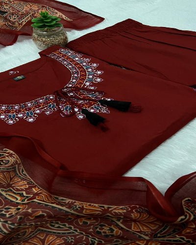 Red Embroidery Pure Cotton Ethnic Straight Suit - BONYHUBSALWAR KAMEEZ