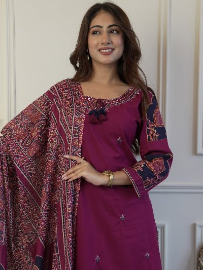 Burgandy Embroidery Pure Cotton Straight Suit - BONYHUBSALWAR KAMEEZ