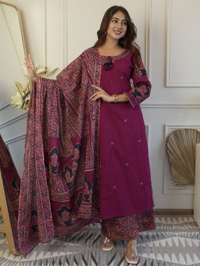 Burgandy Embroidery Pure Cotton Straight Suit - BONYHUBSALWAR KAMEEZ