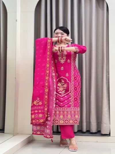 Rani Pink Pure Muslin Silk Straight Suit Set - BONYHUBSALWAR KAMEEZ