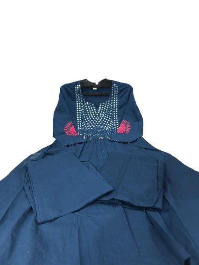 Turquoise Blue Mirror Embroidery Cotton Anarkali Suit Set - BONYHUBSALWAR KAMEEZ