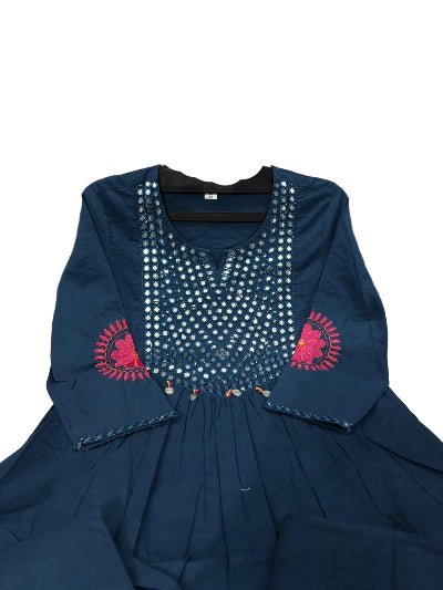 Turquoise Blue Mirror Embroidery Cotton Anarkali Suit Set - BONYHUBSALWAR KAMEEZ
