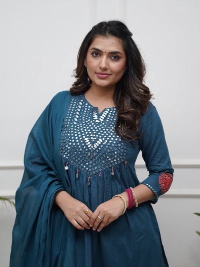 Turquoise Blue Mirror Embroidery Cotton Anarkali Suit Set - BONYHUBSALWAR KAMEEZ
