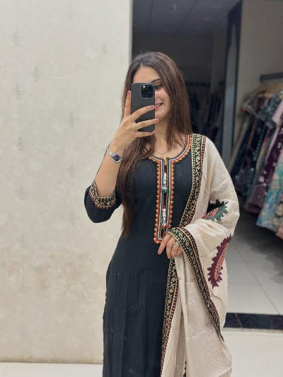 Black Beautiful Embroidery Pure Cotton Straight Suit - BONYHUBSALWAR KAMEEZ