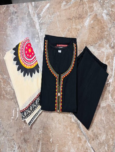 Black Beautiful Embroidery Pure Cotton Straight Suit - BONYHUBSALWAR KAMEEZ