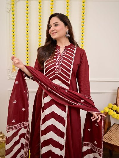 Elegant Maroon Printed Cotton Embroidery Anarkali Suit - BONYHUBSALWAR KAMEEZ