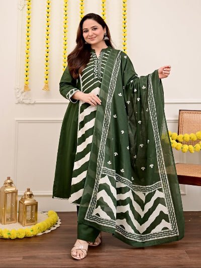 Olive Green Printed Cotton Embroidery Anarkali Suit - BONYHUBSALWAR KAMEEZ