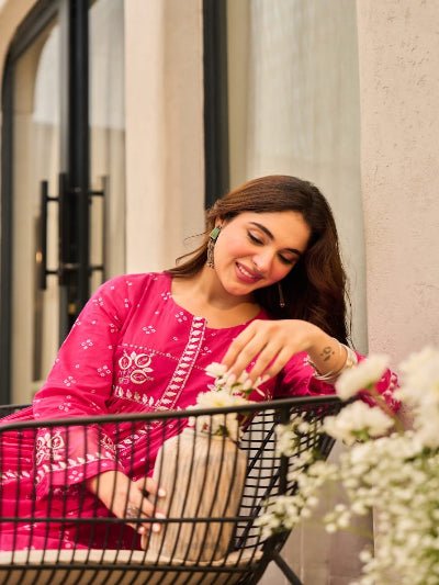 Hot Pink Printed Chanderi Embroidery Cotton Anarkali Suit Set - BONYHUBSALWAR KAMEEZ